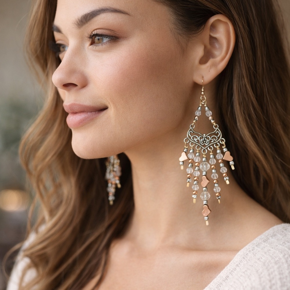 ✨ Handmade One-of-a-Kind Mixed Metal Chandelier Earrings Crystal & Beaded Wire ✨ - Picture 2 of 7